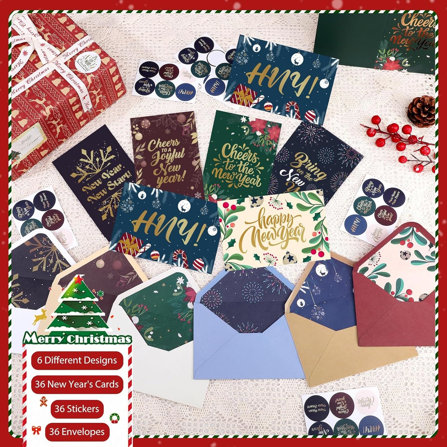 New Year Cards with Envelopes, 36 Pack 4x6in Happy New Year Greeting Cards, Gold Foil Holiday Card with Stickers, 6 Assorted Design