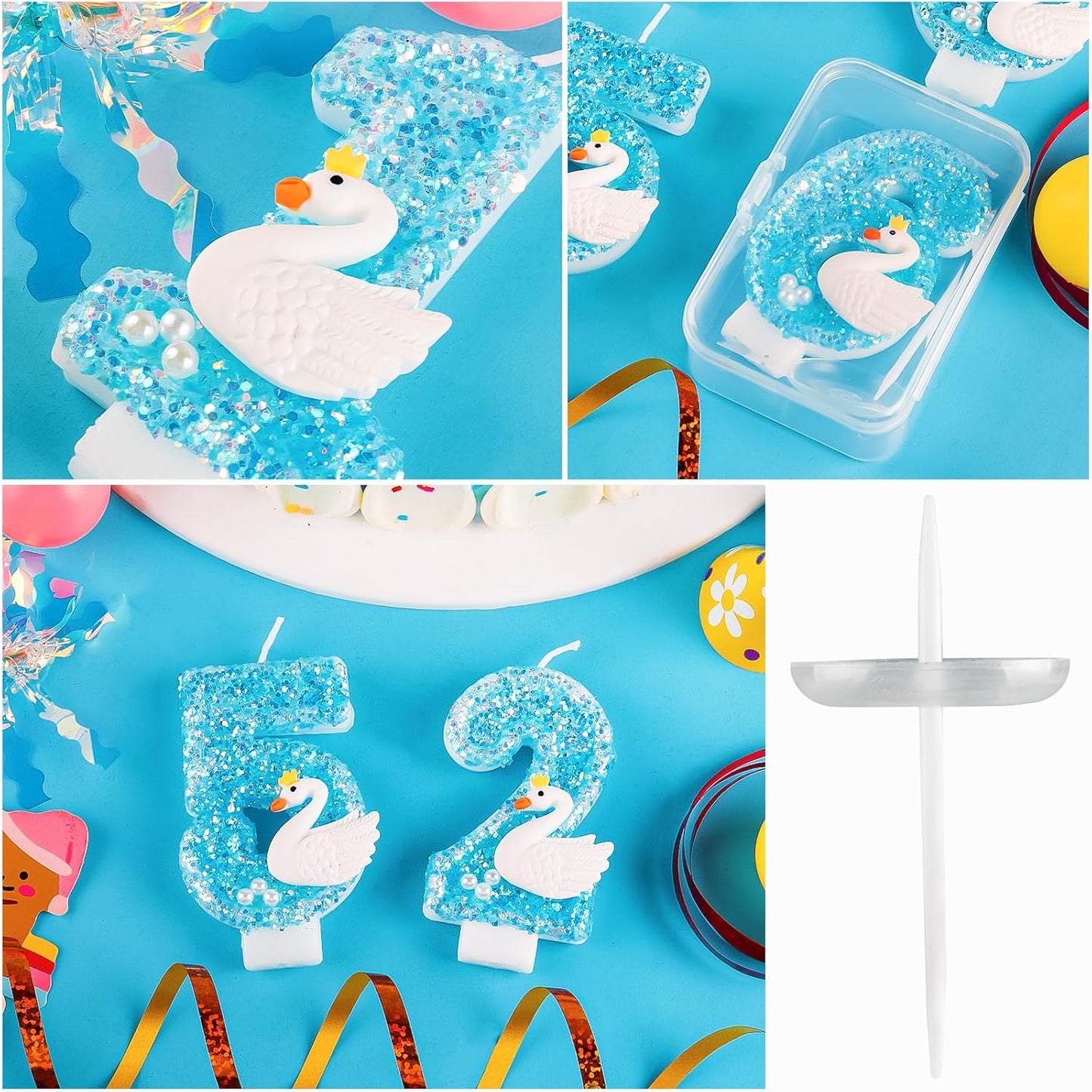 Girls Glitter 6 Birthday Number Candles, Blue Lake White Pearls Swan Number Birthday Candles for Girls Women Birthday Cakes Swan Themed Birthday Decorations Party Favors Number 6 Candle Cake Topper