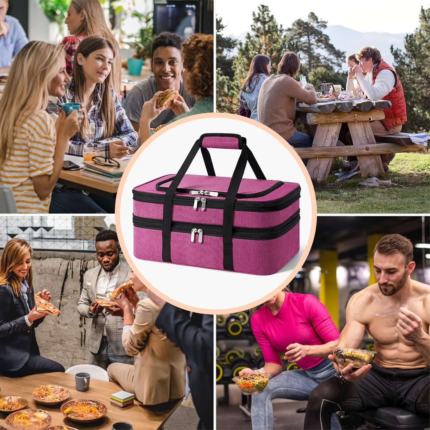 Insulated Double Casserole Carrier - Portable Casserole Carriers for Hot or Cold Food Lunch Tote Warmer or Cooler Bag for Potluck Parties Picnic Cookouts, Fits 9" x 13" Baking Dish - Pink