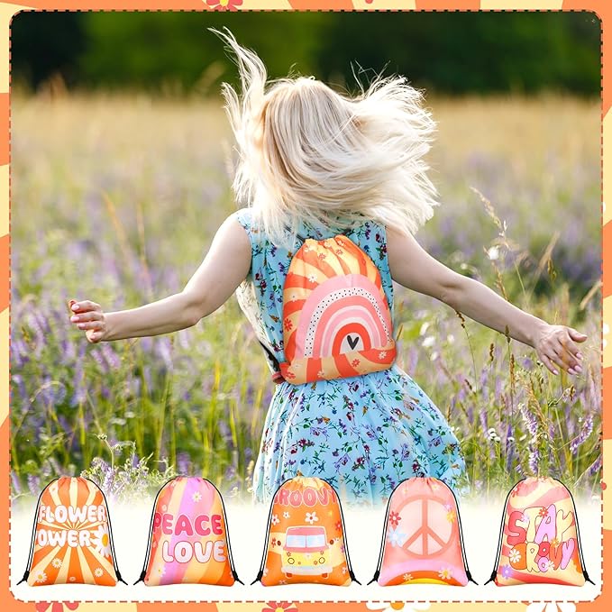 Abbylike 12 Pcs Groovy Party Favors Drawstring Bags Boho Party Favor Backpack Retro Hippie Daisy Flower Treat Groovy Goodie Bag for Girls 60's 70's Birthday Shower Wedding Gift Decorations Supplies