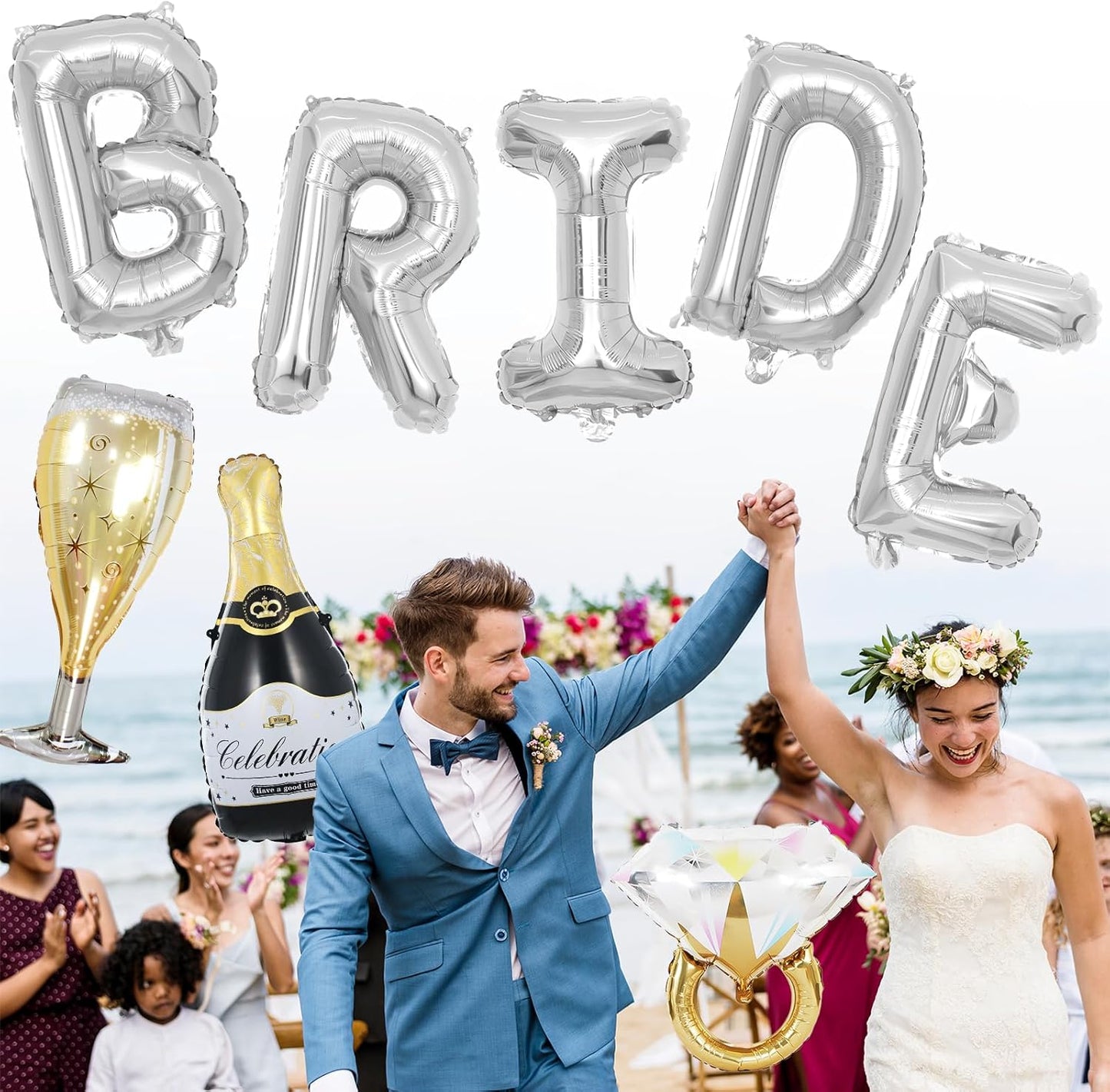 40inch Bride Balloons Silver Letters Banner, Bachelorette Party Decorations Set with Diamond Ring Champagne Bottle Balloon Glass Foil Balloon for Silver Bachelorette Engagement Wedding Bridal Shower