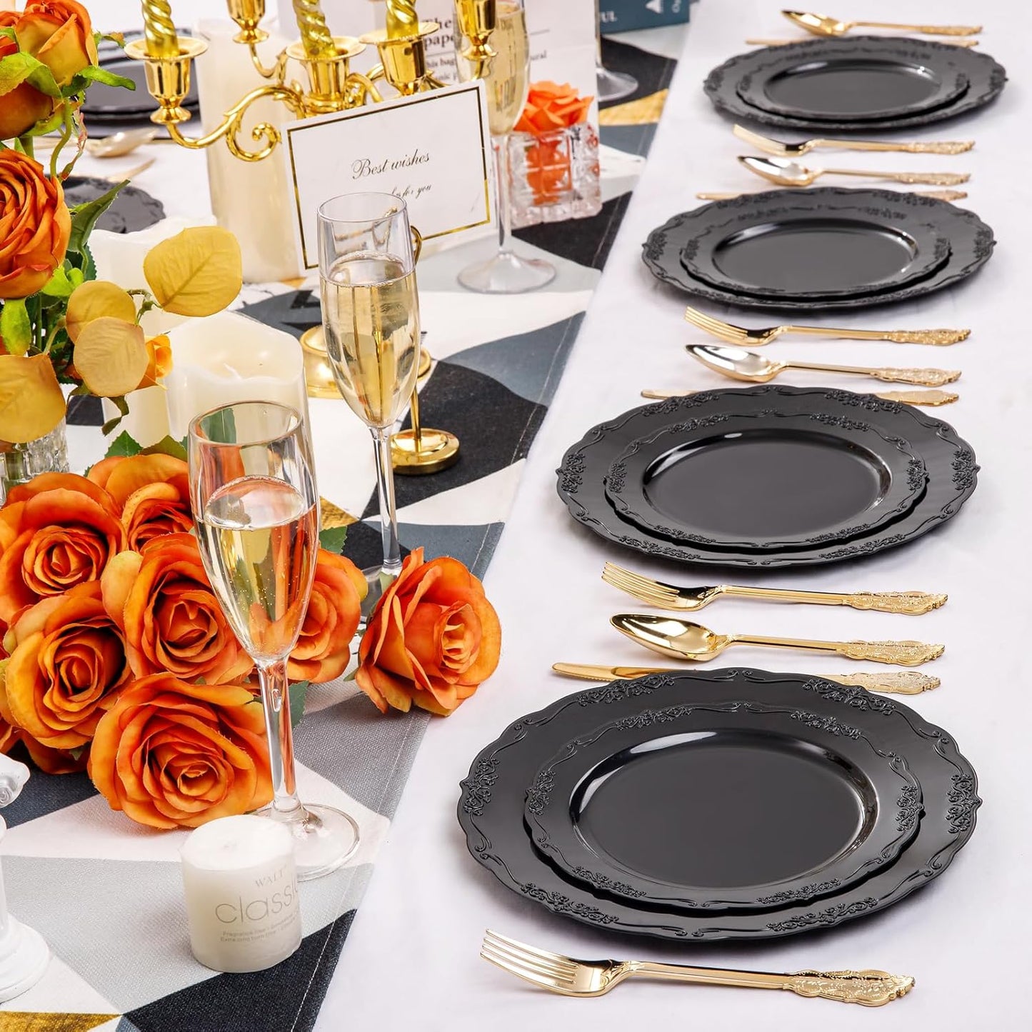 DaYammi 150Pcs Black Plastic Plates & Gold Plastic Silverware,Black Disposable Plates Set Include 30 Dinner Plate, 30 Dessert Plate,30 Golden Knives,30 Gold Forks,30 Golden Spoons for New Year Party