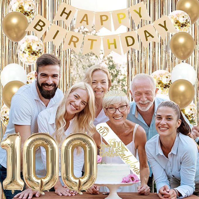 Trgowaul 100th Birthday Decorations for Women, Banner, Sash and Crown, Cake Topper, 100 Number Balloon, Fringe Curtains, Champagne Gold 100th Birthday Party Supplies