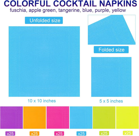150 Pieces Multiple Rainbow Paper Napkins Cocktail Napkin Beverage Luncheon Napkins 2 Ply for Party Favors, 6 Colors