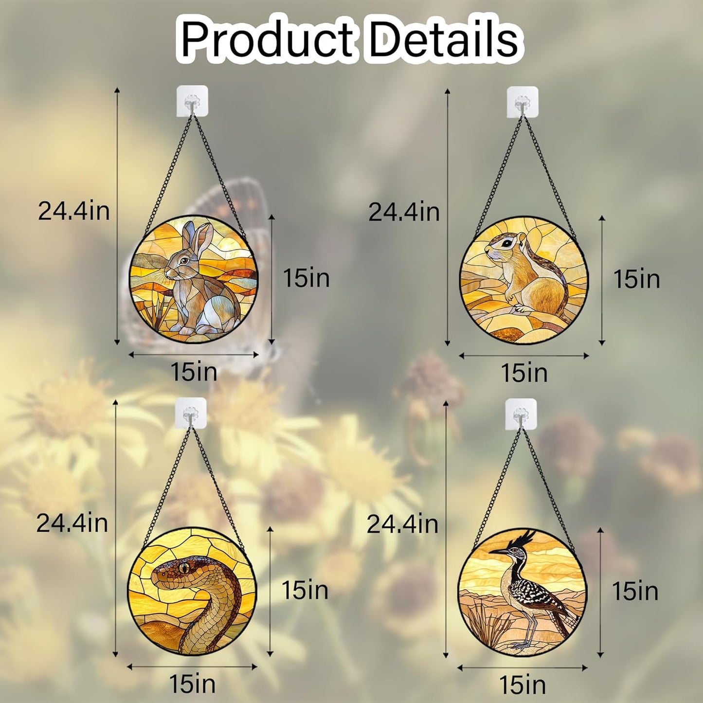Stained Glass Window Hanging 4 Pcs Set Animals Large 15" - Desert Landscape Yellow Suncatcher Door Garden Sun Catcher Decor Birthday Christmas for Mom Woman Nana Men