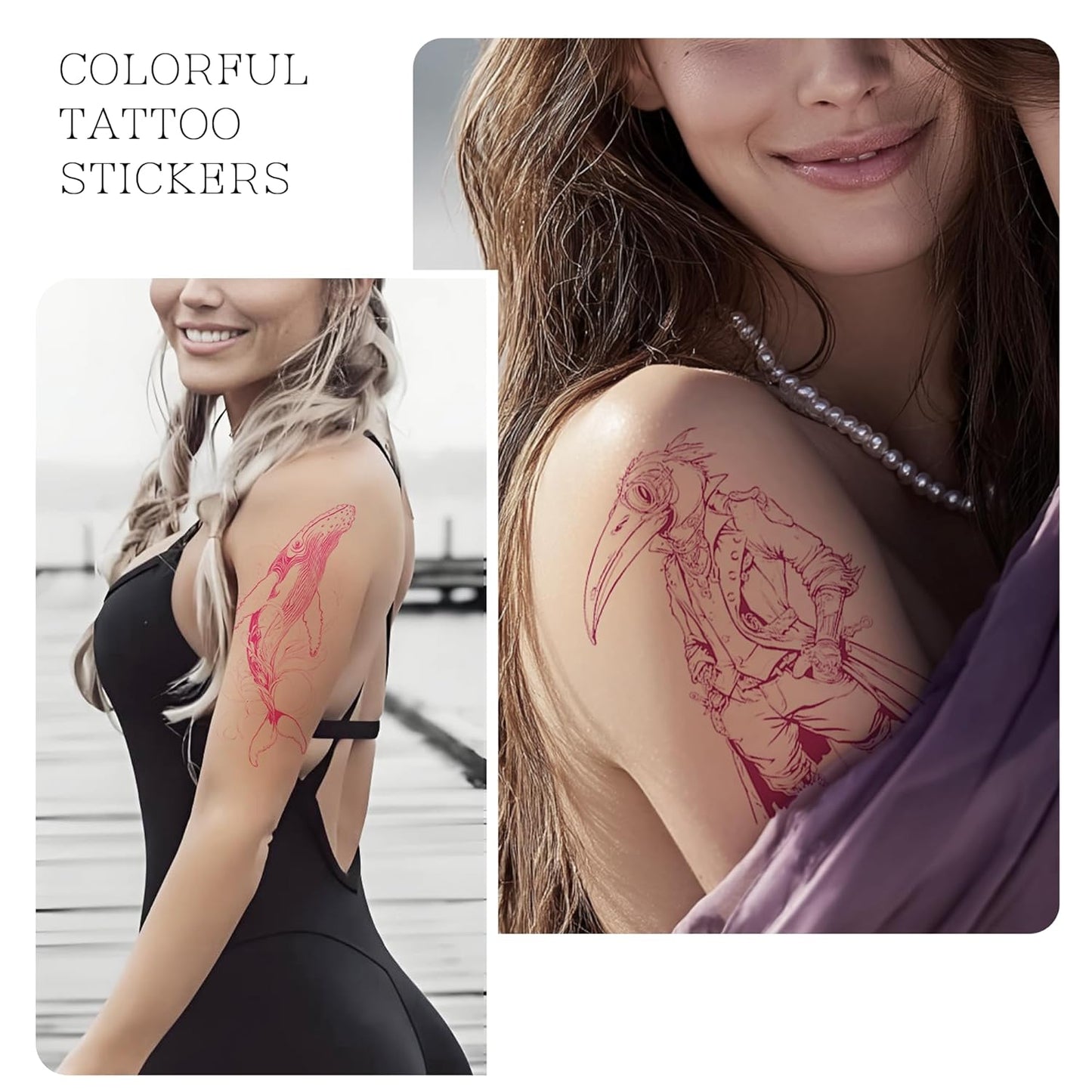Feminine Pink Art Temporary Tattoos | Realistic Pink Purple Temporary Tattoos for Women, Floral Bird Moon & Symbol Fake Tattoo Stickers from Elegant to Edgy for Party Travel Daily Use