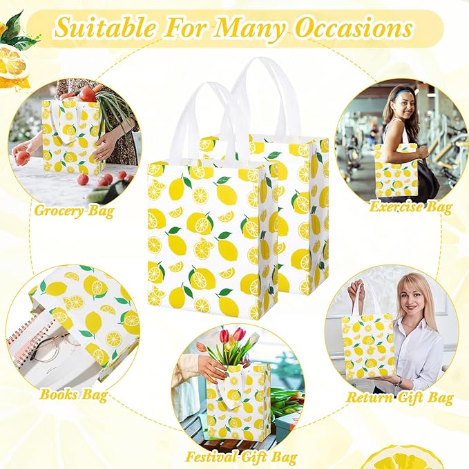 Supervitae 24 Pack Yellow Lemon Gift Bags Medium Goodie Summer Fruit Party Favor Bags Reusable Non Woven Totes for Lemon Birthday Wedding Baby Shower Party Family Holiday Travel(9.8" x 7.9" x 3.9")