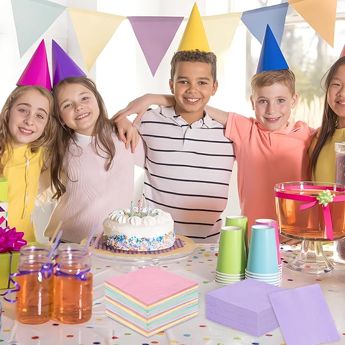120 PCS Rainbow Party Napkins - Disposable 3 Ply Pastel Color Beverage Dinner Napkins for Baby Shower, Birthday, Wedding & Unicorn Theme Parties