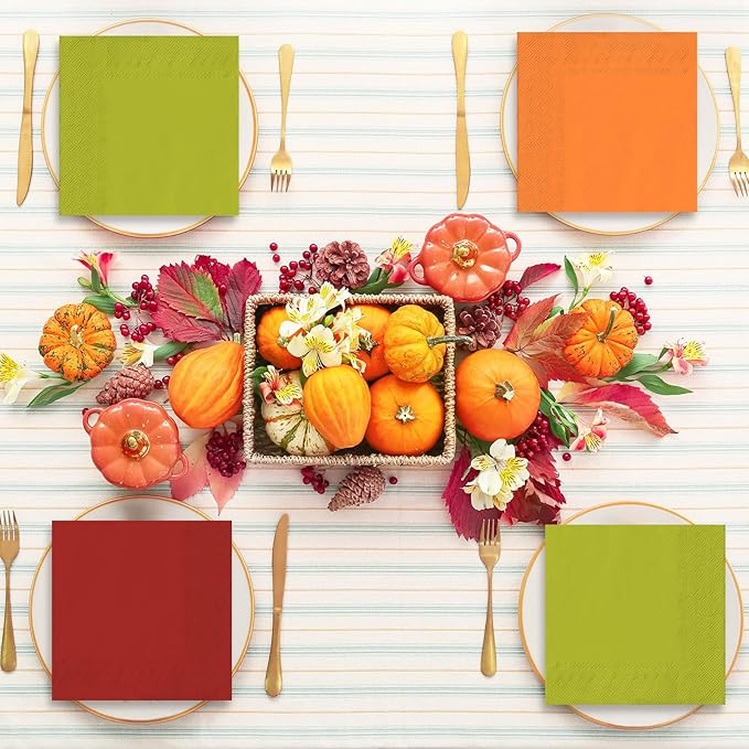 Whaline Fall Thanksgiving Paper Napkin Orange Red Green Dinner Napkin 3 Colors Disposable Luncheon Napkin for Party Supplies Table Decorations, 150 Pcs