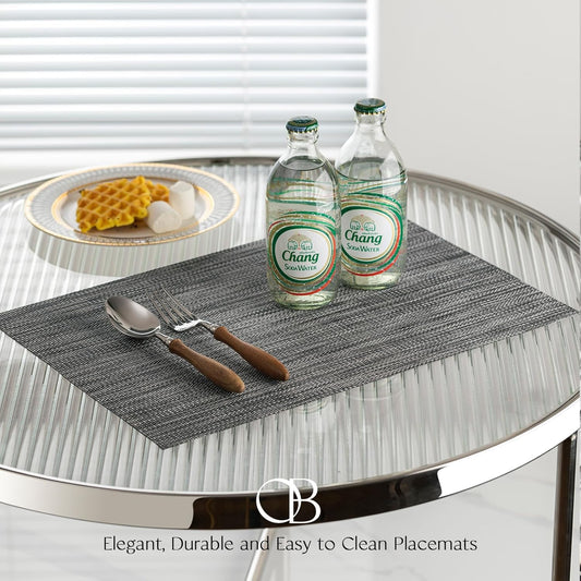 Placemats Set of 8 - Easy Clean Woven Vinyl Placemats for Dining Table, Indoor/Outdoor Place Mats, Washable PVC Table Mats(Dark Gray)