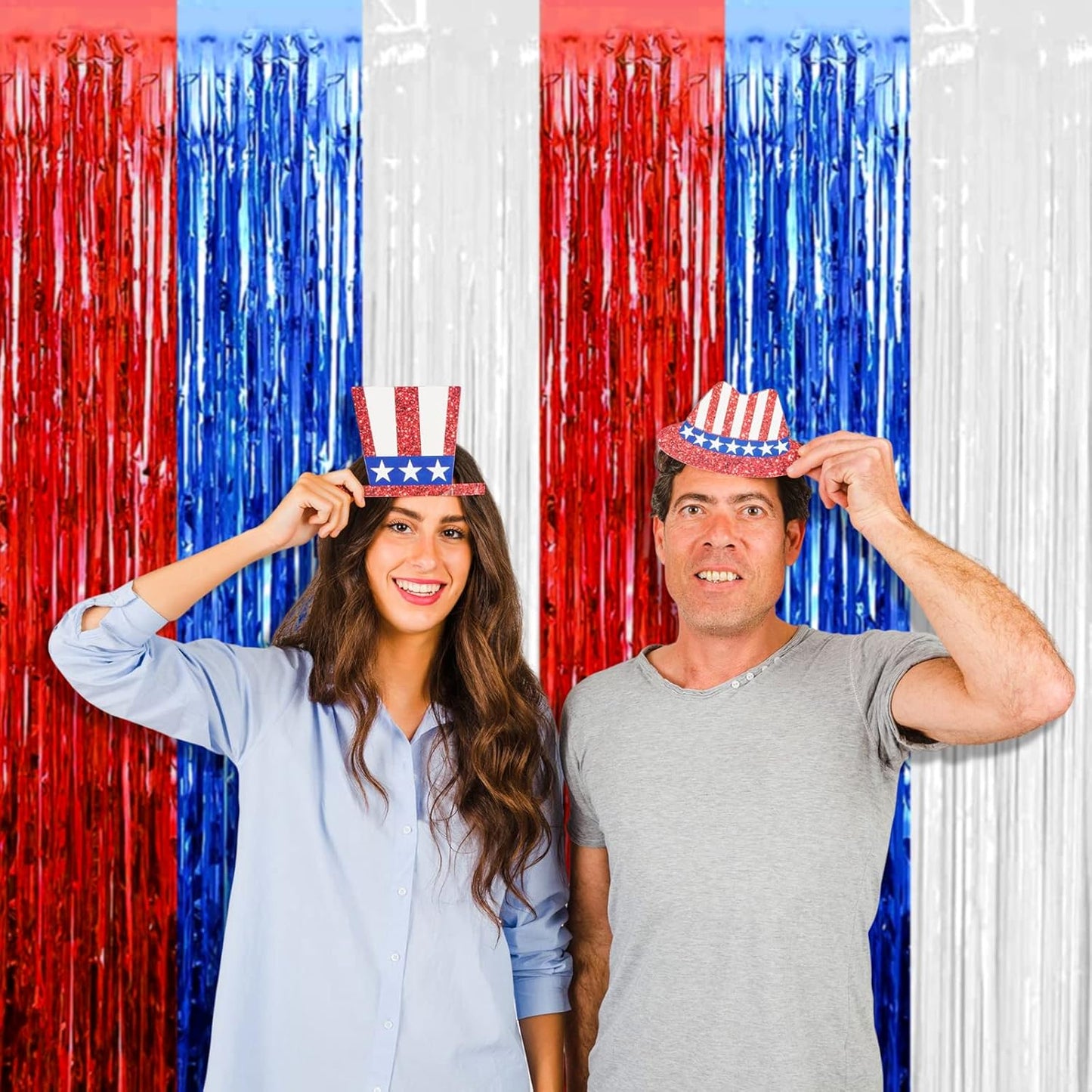 4 Pack Red Blue White Foil Fringe Curtain Backdrop, 3.28Ft x 6.56Ft Metallic Tinsel Foil Fringe Streamers Curtains for Photo Booth, Wedding, Mardi Gras, Birthday, Independence Day Party Decoration