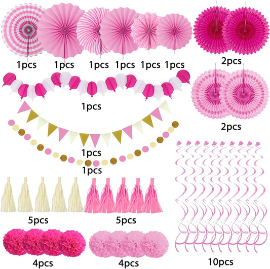 ZERODECO Party Decorations, 41 Pcs Pink Papar Fans Pompoms Garlands String Tissue Paper Tassel for Fiesta Home Bridal Baby Shower Wedding Boy Girl Birthday Party