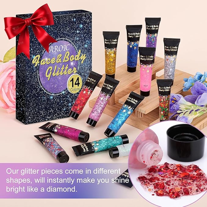 AROIC 14 Colors Body Glitter, Face & Hair Glitter Gel Set for Mardi Gras, Eye Shimmer for Women Glow in the Dark Rave Accessories Party Supplies, Face Paint Hair/Cheek/Eyelid Sparkle Makeup(18ml/Tube)