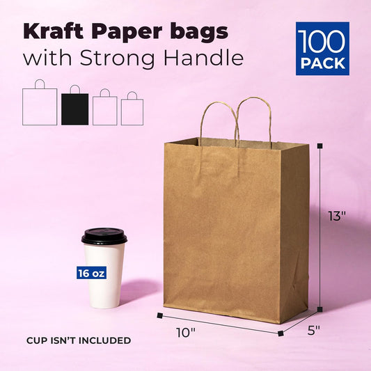 FMP Brands 100 Pack 10x5x13 Inches Kraft Paper Gift Bags with Handles Bulk, Durable Brown Paper Bags for Party Favors, Craft Gift Bag for Birthday Packaging, Small Business and Shopping Lunch