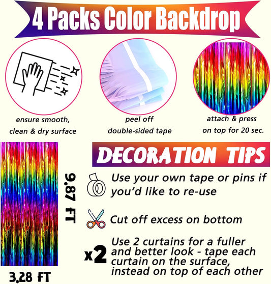 4 Pack Rainbow Fringe Curtain Backdrop, 3.2Ft x 9.8Ft Colorful Metallic Tinsel Foil Fringe Streamers for Photo Booth Birthday Wedding Baby Shower Carnival Easter Mother’s Day Party Decorations