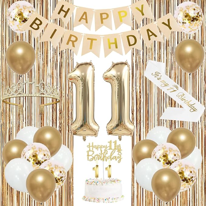 Trgowaul 11th Birthday Decorations for Girls, Banner, Sash and Crown, Cake Topper, 11 Number Balloon, Fringe Curtains, Champagne Gold 11th Birthday Party Supplies