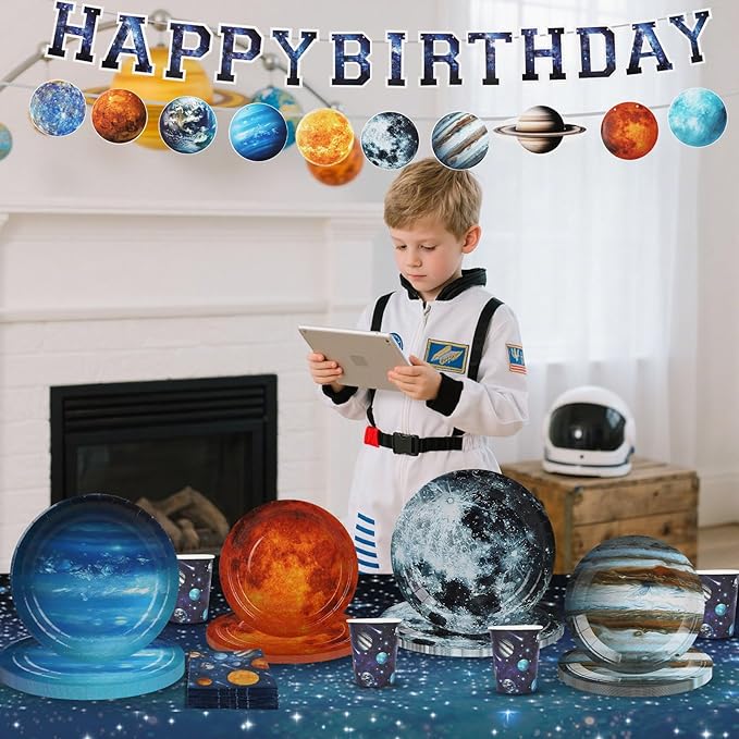 Space Theme Party Decorations,182pcs Galaxy Planet Outer Space Disposable Plates and Napkins Tableware Set,for Space Solar System Planets Baby Shower Birthday Party Decorations,Serve 30