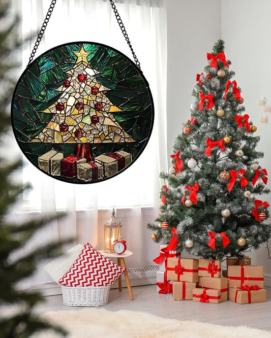 Stained Glass Window Hanging -Golden Christmas Tree Suncatcher for Doors Home Christmas Decoration Winter Sun Catcher Thanksgiving New Year Birthday Gifts for Women Men Mom Nana Girl 15 in