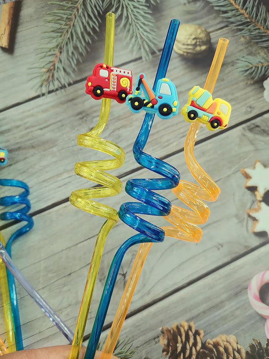 24 Packs Race Car Bulk Reusable Plastic Straws Birthday Party Favors, Theme Curly Drinking Straws Party Supplies