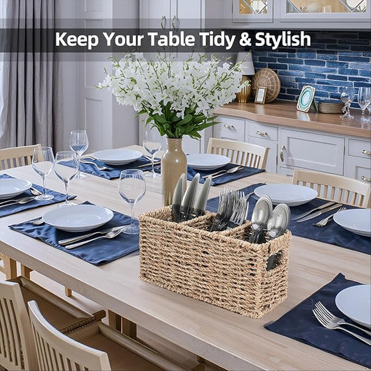 Wicker Party Silverware Caddy, Small Water Hyacinth Plastic Cutlery Utensil Holder, Hand Woven with Handles, Kitchen Countertop and Picnic flatware Organizer