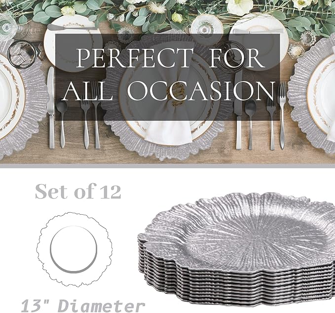 MAONAME Silver Charger Plates Set of 12, Reef Plate Chargers for Dinner Plate, Plastic Decorative Plates for Table Setting, Thanksgiving, Christmas