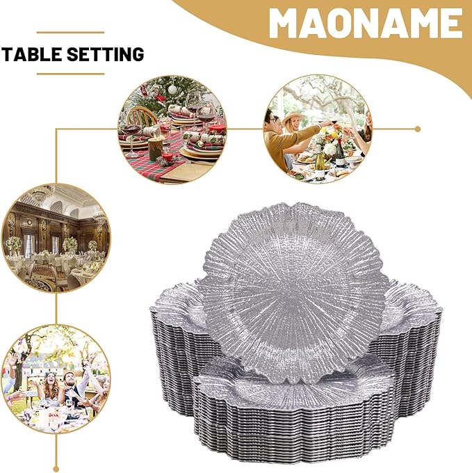 MAONAME 13" Silver Charger Plates Set of 100, Reef Plate Chargers Bulk, Round Charger for Dinner Plates, Plastic Table Chargers for Wedding Decor
