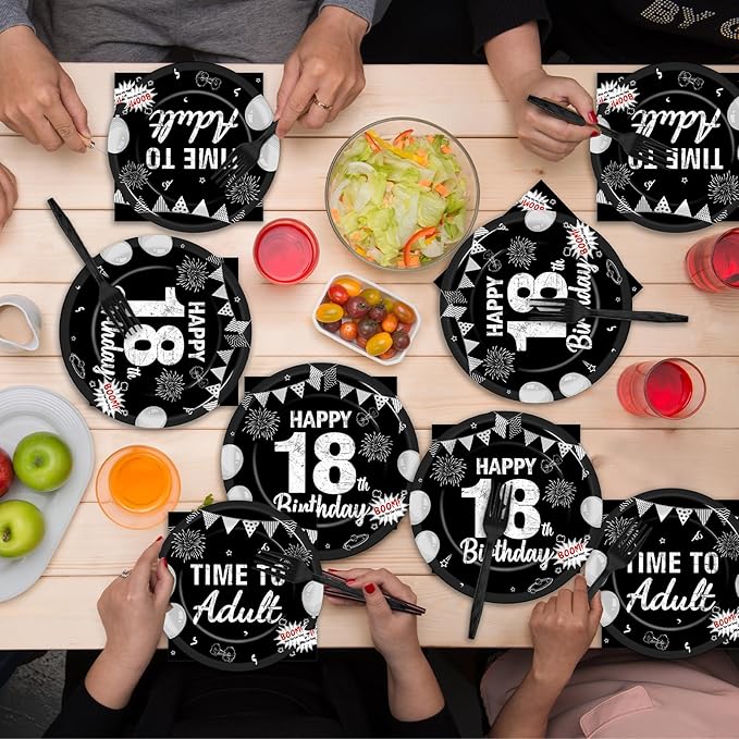 96PCS 18th Birthday Party Paper Plates and Napkins Black Silver 18th Birthday Supplies for Boys and Girls Time to Adult Disposable Dessert Plates Happy 18 Kids Party Birthday Gatherings Decorations