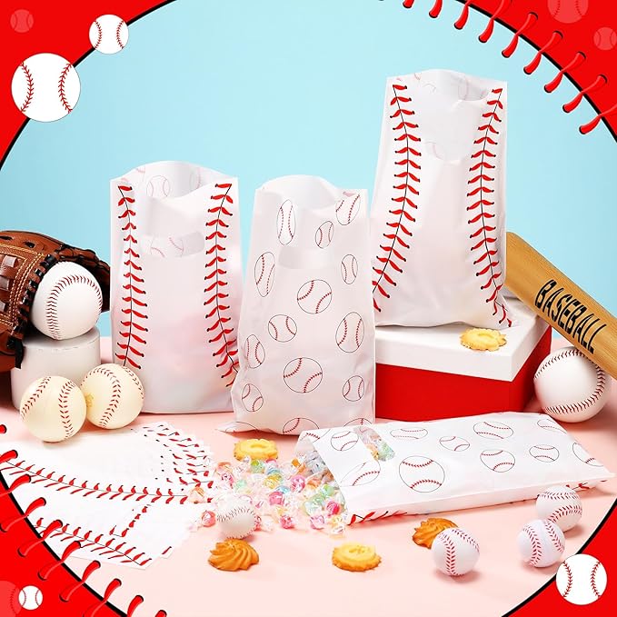 Frienda 100 Pcs Baseball Treat Bags with Handles, White Plastic Baseball Party Favors Bag Baseballs Snacks Bags for Candy Small Gifts, Team Events Birthday and Sports Celebrations Decorations