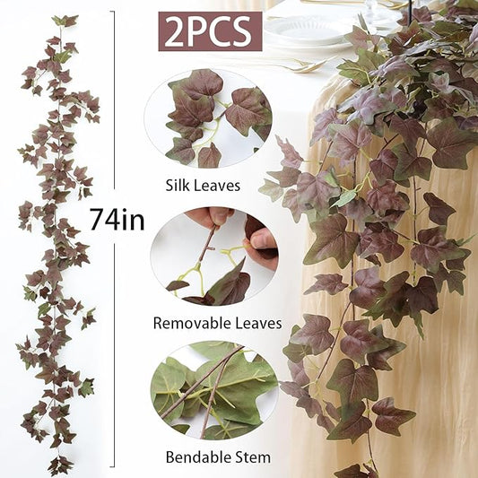 mizii 2 Strands Artificial Vines Ivy Garland 74" Fake Vine with Silk Green Leaves Faux Hanging Plants Greenery Decoration for Bedroom Home Wall Party Wedding Arch Apartment Room Decor (Purple Green)