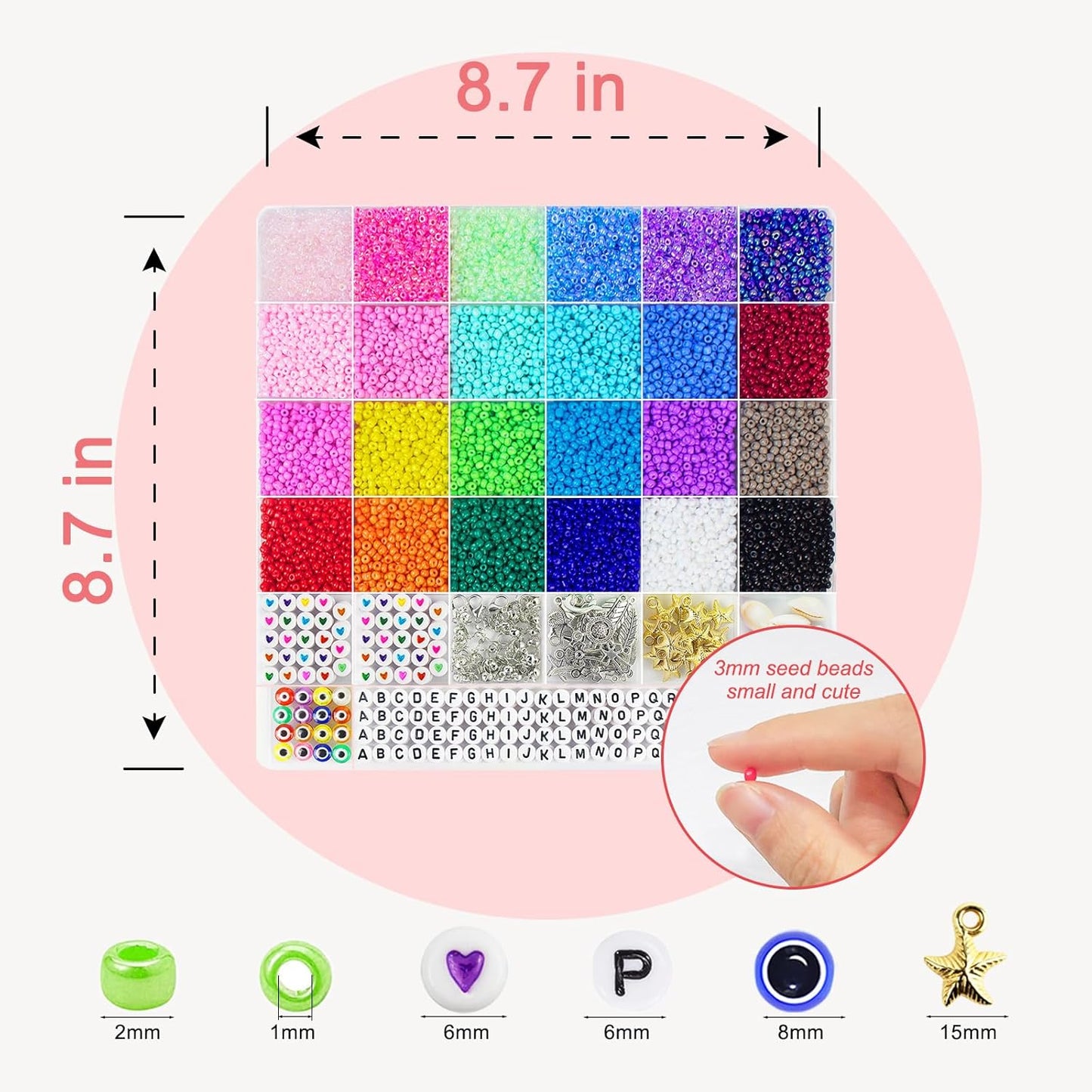 Redtwo 8000pcs 3mm Glass Seed Beads for Bracelet Making Kit, Small Beads Friendship Jewelry Making Kit, Letter Beads with Elastic String, DIY Art Craft Girls Gifts.
