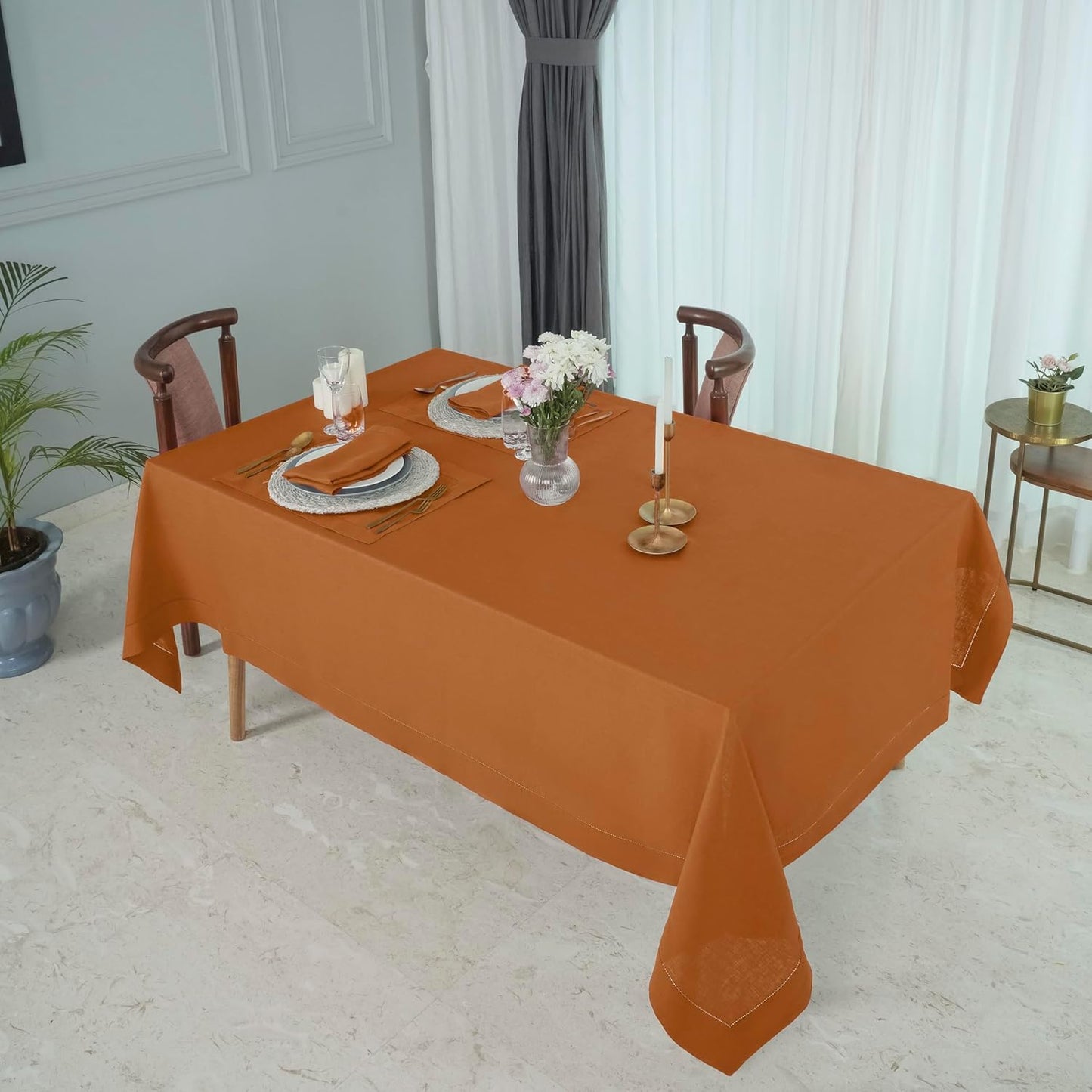D'Moksha Homes Rust Linen Tablecloth for Rectangle Tables 60 x 132 Inch - 100% Pure Linen Rust Table Cloth - Classic Hemstitch, Machine Washable Dining Tablecloth for Fall, Halloween