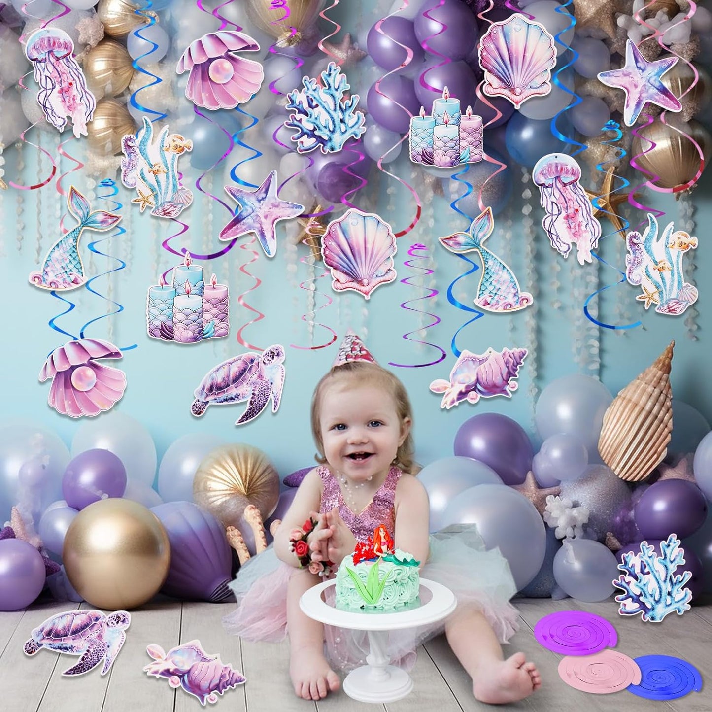 Kaluofan Mermaid & Ocean Theme Party Streamers, 40pcs Hanging Ornaments, Whimsical Mermaid Decor for Girls Birthday, Baby Shower, Under the Sea Party Supplies