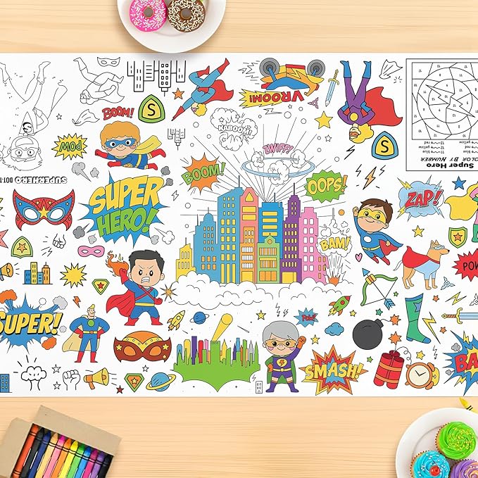 Superhero Coloring Tablecloth, Coloring Table Cloth 30x72 Inch, Superhero Giant Coloring Poster with Capes, Masks, Perfect for Birthday Party Games, Action-Themed Decorations