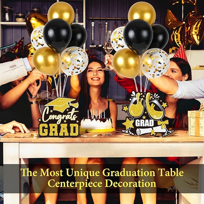 6 Sets Black Gold Graduation Balloon Stand Kit for Table Decorations Class of 2025 Congrats Grad Table Centerpiece Grad Prom Themed Decoration for Grad School & College Ceremonies Party Supplies