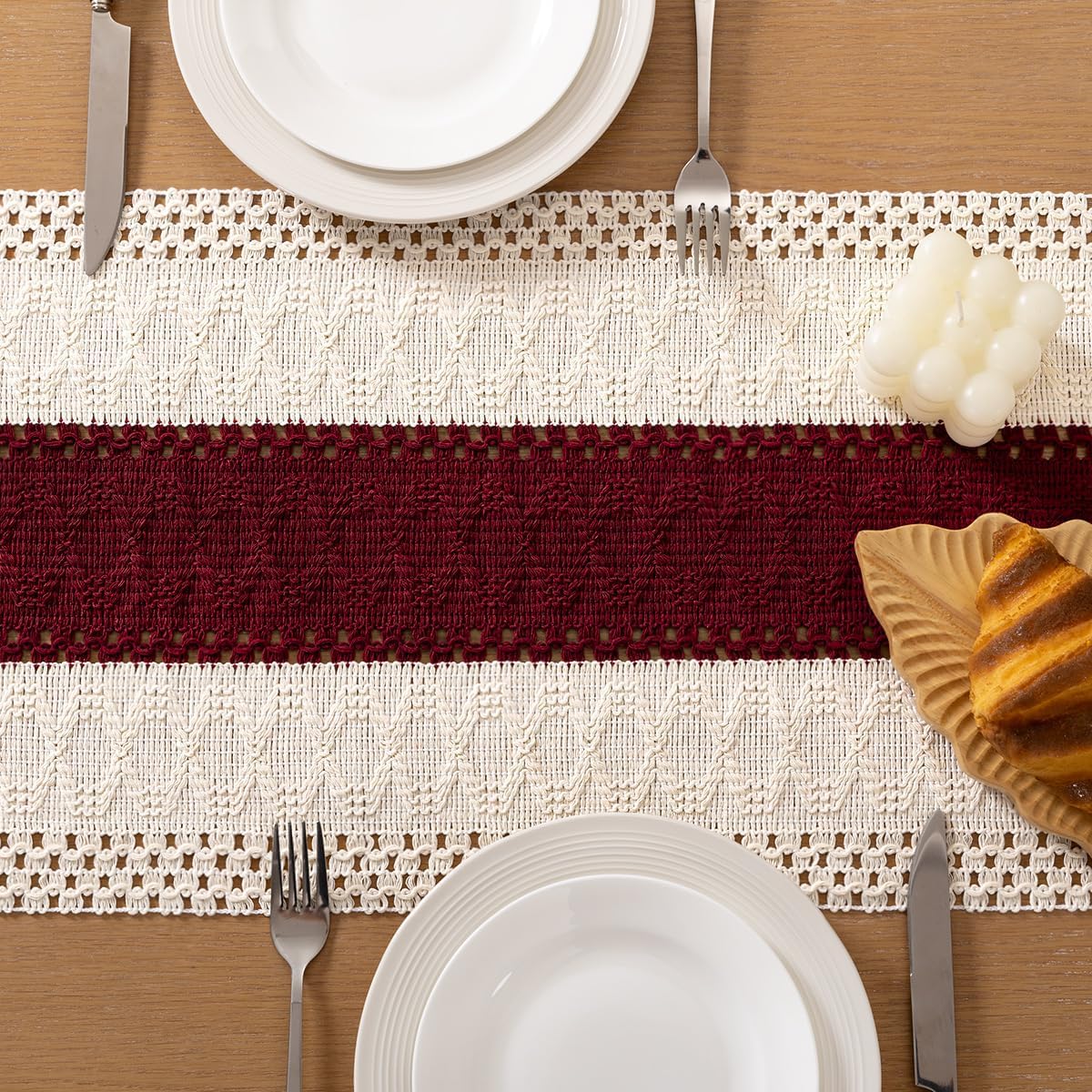 Socomi Boho Table Runner Macrame Long Fall Thanksgiving Farmhouse Woven Cotton Linen Rustic Coffee Table Runner with Tassels for Dresser Scarf Home Decor Dining Room 12x108 in Burgundy Ivory