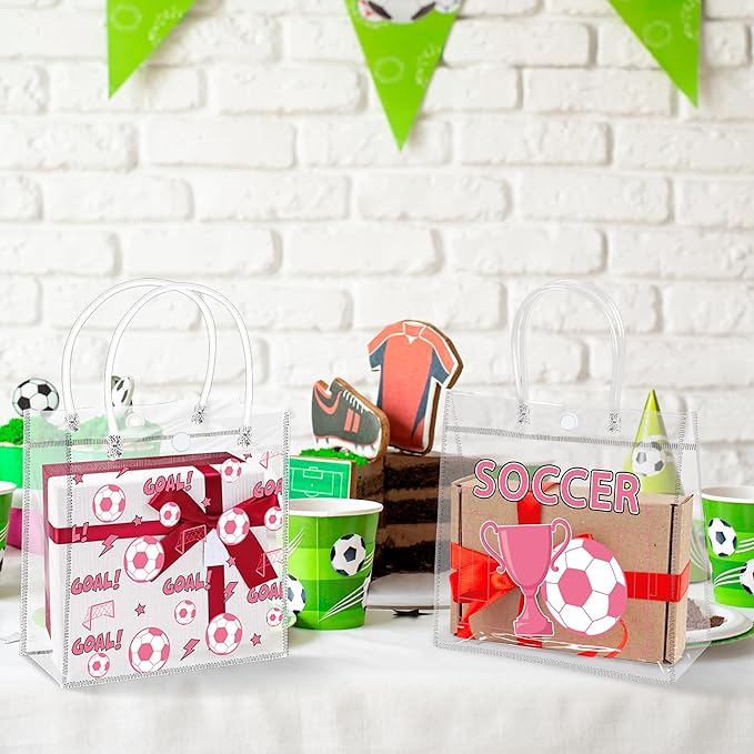 H1vojoxo Pink Soccer Gift Bags - 24PCS Pink Soccer Clear Goodie Bags with Handle 7.9x3.2x7.9 Inch Clear PVC Treat Bag for Team Girls Ball Themed Candy Snack Goody Bag for Sport Birthday Party Favor