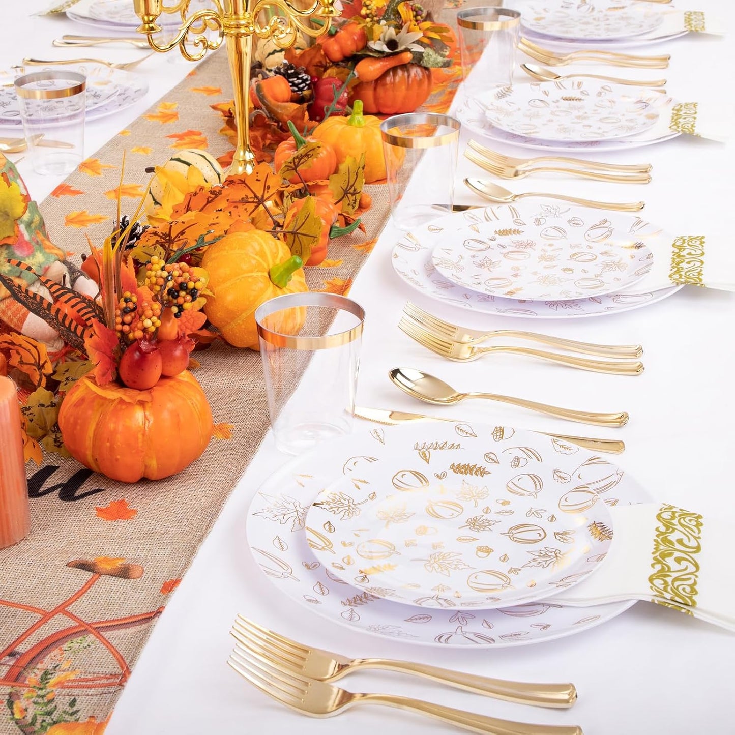 Supernal 175pcs Thanksgiving Plastic Dinnerware Set,Thanks Plates,Plastic Plates for Party,Gold Pattern Design,Gold Disposable Silverware,Disposable Cups and Napkins Perfect for Thanksgiving