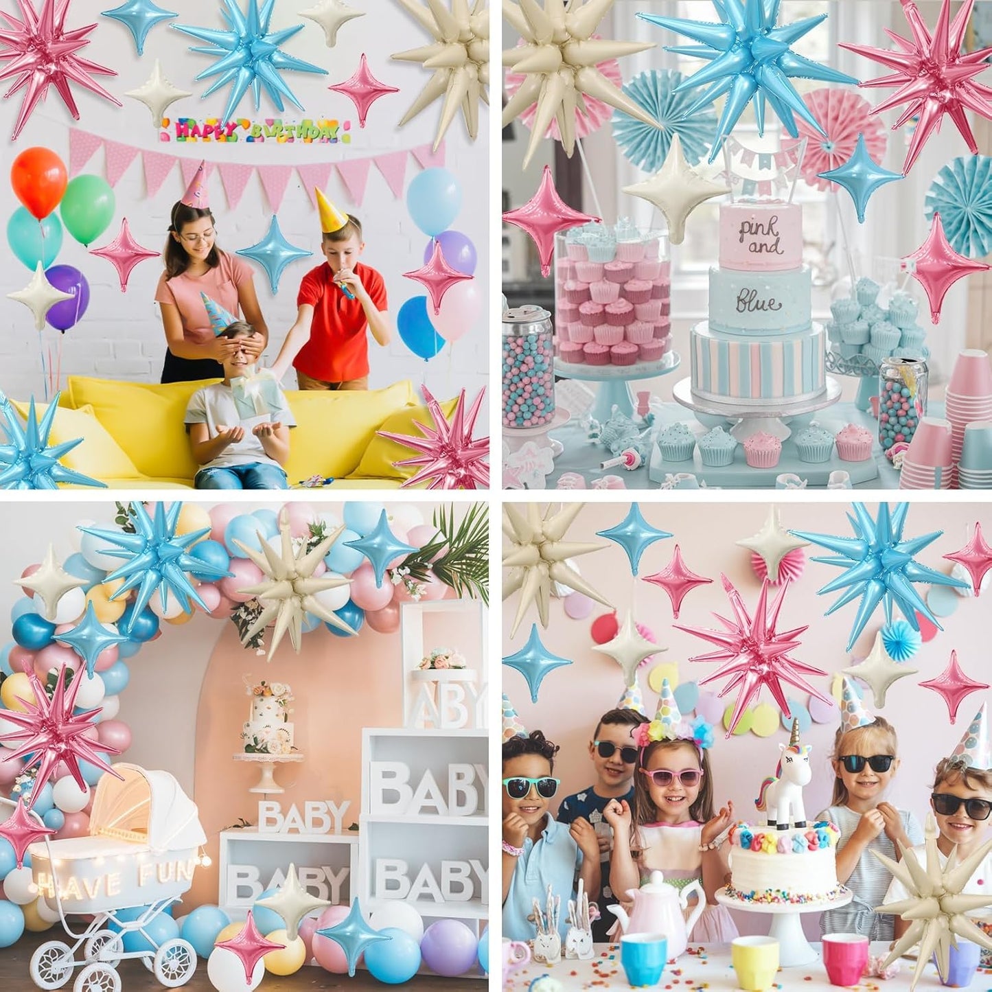 Pink Blue White Star Balloon,Pink Blue 6Pcs 22Inch Explosion Star Balloons and 10Pcs 10Inch Four Angle Balloons Kit for Birthday Anniversary Baby Shower Wedding Party Decorations