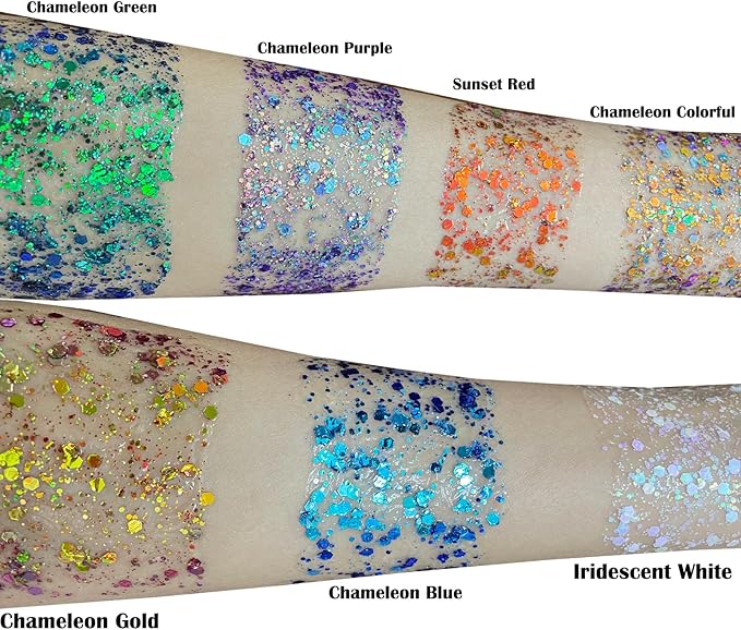 MEICOLY Chameleon Green Face Body Glitter,Holographic Self-Adhesive Face Glitter,Color Changing Mermaid Face Glitter,Halloween Glitter Face Paint for Face Body Hair,St Patricks Day Accessories
