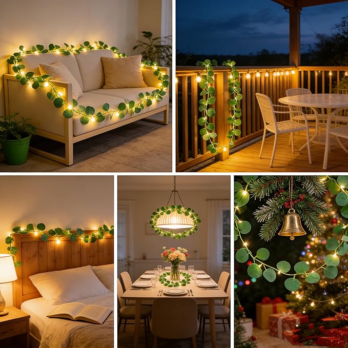 Artificial Eucalyptus Leaves Foliage String Lights 6.6Ft 20 LED Fairy Leaf Lights Warm White Greenery Vines Garland and Table Runner, Battery Operated Wedding Backdrop Wall Decor