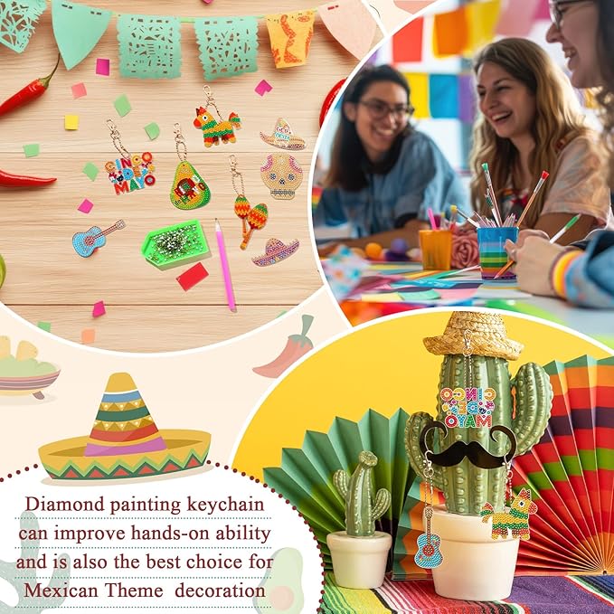 Huquary 24 Sets Cinco De Mayo Diamond Arts Keychains Mexican Fiesta Diamond Art Ornaments 5D DIY Crystal Rhinestone Crafts Kits Sombrero Taco Cactus Craft for Cinco De Mayo Mexican Holiday Gifts
