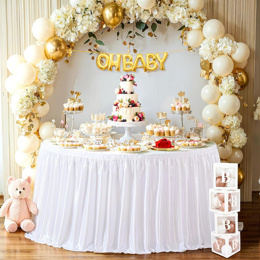 Wish Care 14ft White Satin Table Skirt for Rectangle Tables Wrinkle Free Glitter Desk Skirts Pleated Ruffle Table Cloth for Wedding Birthday Baby Shower Party Banquet Buffet Teacher Table Decorations