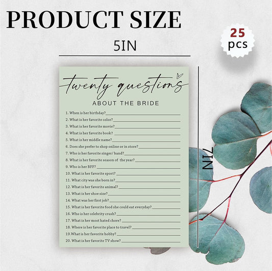 Bridal Shower Games, Twenty Questions About The Bride, 25Pcs Minimalist Sage Green Bridal Game Cards, Wedding Shower Games for Guests, Engagement Bachelorette Party Supplies
