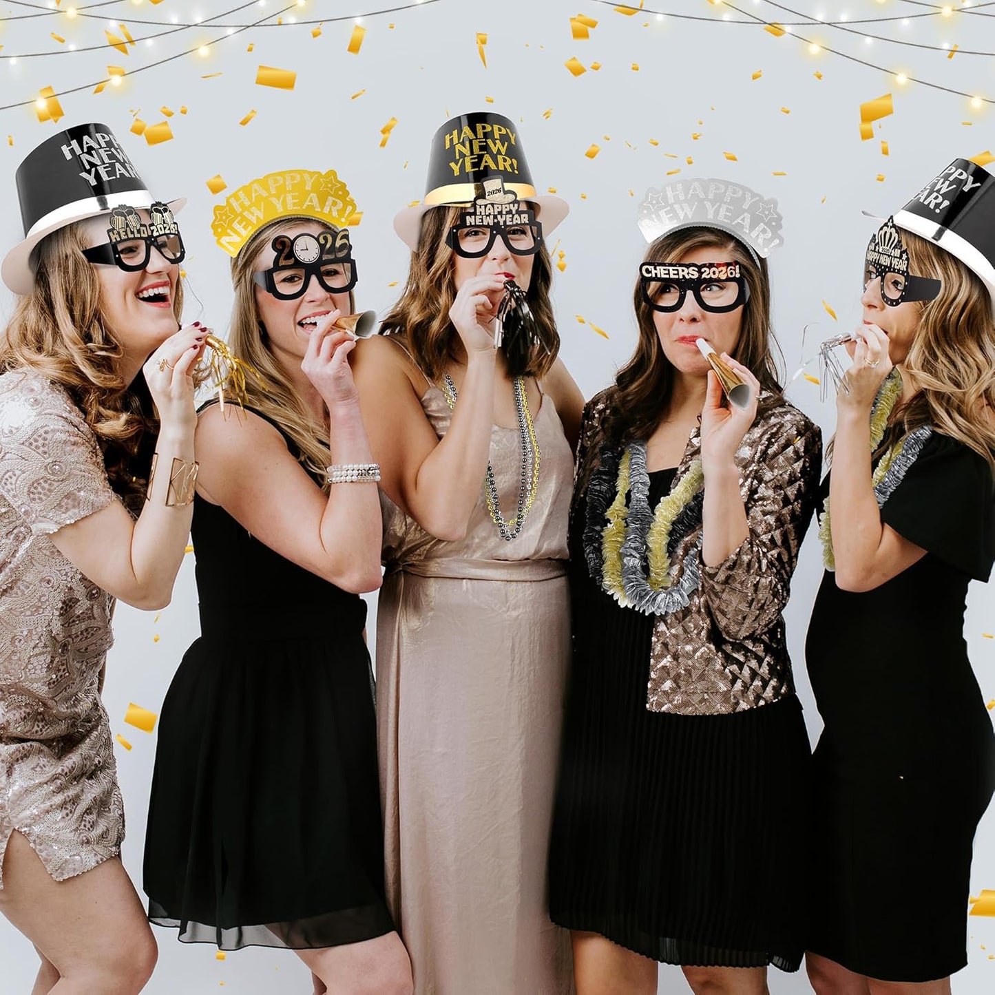 Fovths 264 Pieces 2026 New Years Eve Party Supplies Includes Glasses Top Hats Headband Noisemakers Horns Bead Necklaces Plastic Leis New Year Party Favors for Celebration Decoration Gift