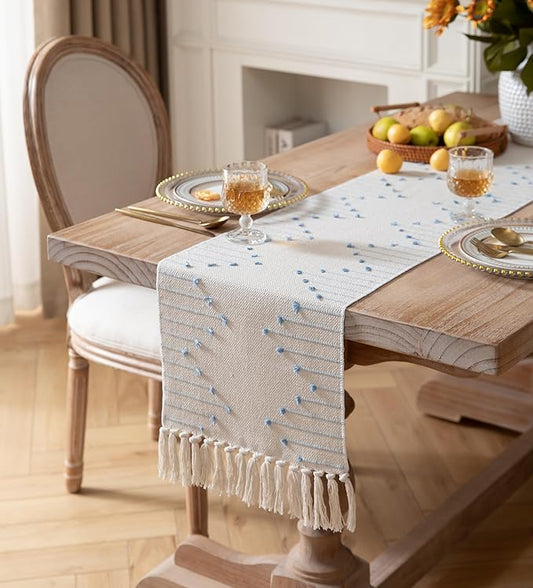 Boho Table Runner 13 x 48 Inch Long Natural Cotton Woven Runner with Tassels for Home Dining Table décor, for Modern Farmhouse Decor Coffee Table Runner, Light Blue and Beige