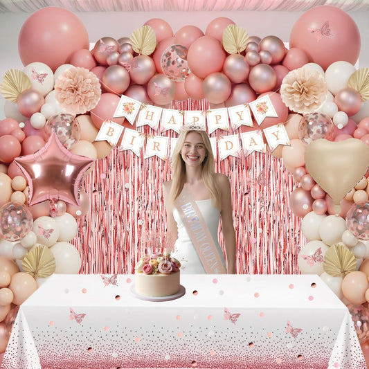Birthday Decorations for Women Girls, Retro Blush Pink Birthday Party Decorations, Happy Birthday Banner, Crown, Sash, Pink Rose Gold White Sand Nude Balloons, Butterfly, Fringe Curtain, Tablecloth