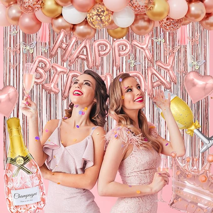 Amandir Rose Gold Birthday Party Decorations for Women Girls, Rose Gold Pink Confetti Foil Balloons, Butterfly, Fringe Curtain, Happy Birthday Banner, Cake Topper for30th 40th 50th 60th Supplies Decor