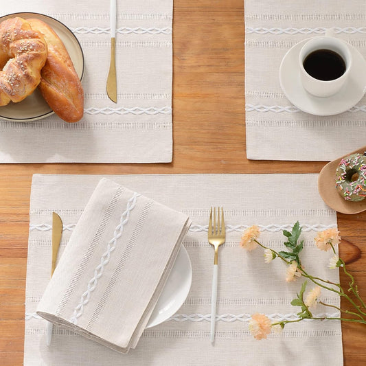 Wracra Cotton Linen Placemats, 14 x 19 Inch Set of 8 Placemats Rustic Hemstitch Place Mats for Kitchen Table and Heat Resistant-Hemstitch Ivory