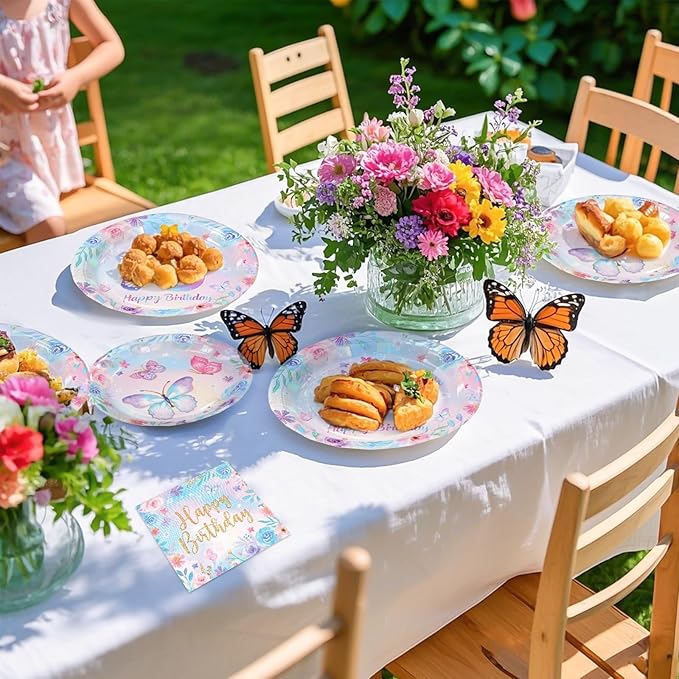 Grencian 96Pcs Butterfly 6th Birthday Party Decorations Butterflies Theme Disposable Sets for Girl Colorful Butterfly Plates, Napkins and Forks, 6 Years Old Birthday Party Supplies Serves 24