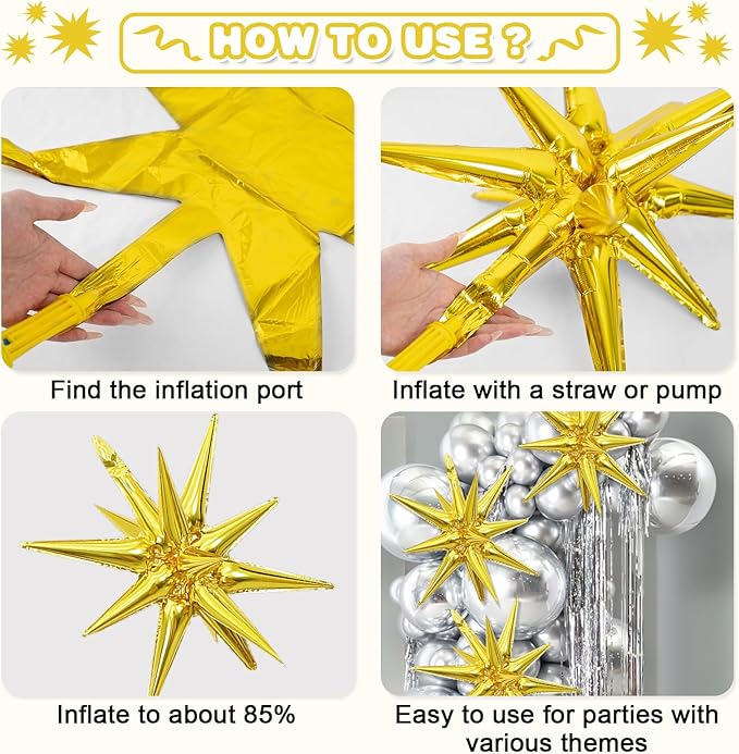 Black Red Gold Star Balloons,9Pcs 22Inch Black Gold Red Explosion Spike Cone Helium Polyester Film Star Foil Balloons for Birthday Anniversary Baby Shower New Year Disco Party Decorations